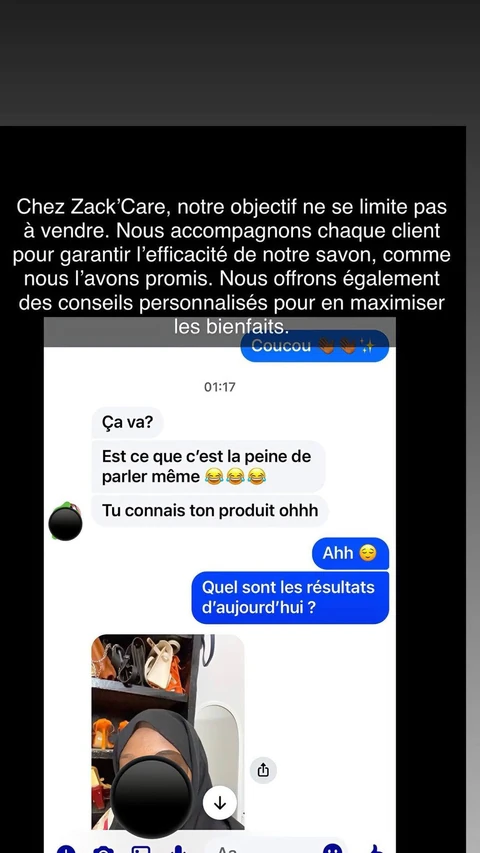 Capture d’un échange de suivi avec une cliente, visage masqué dans le visuel fourni