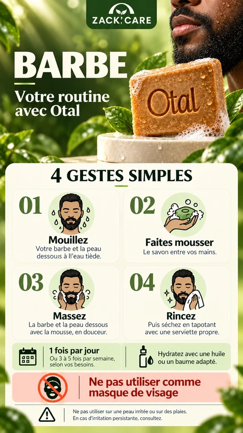 Fiche Zack’care : Barbe. Quatre gestes d’utilisation du savon OTAL et précautions.