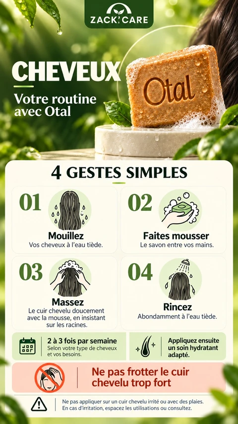 Fiche Zack’care : Cheveux. Quatre gestes d’utilisation du savon OTAL et précautions.