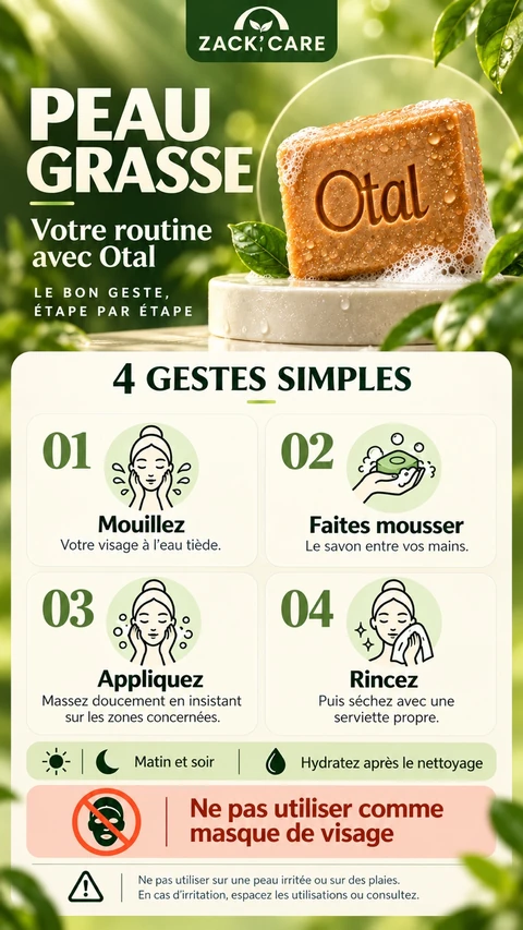 Fiche Zack’care : Peau grasse. Quatre gestes d’utilisation du savon OTAL et précautions.