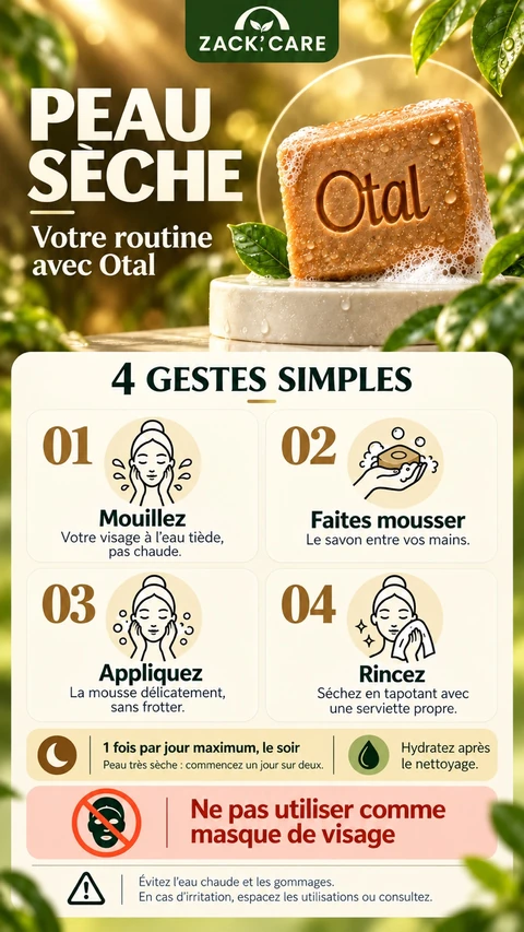 Fiche Zack’care : Peau sèche. Quatre gestes d’utilisation du savon OTAL et précautions.