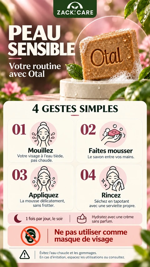 Fiche Zack’care : Peau sensible. Quatre gestes d’utilisation du savon OTAL et précautions.
